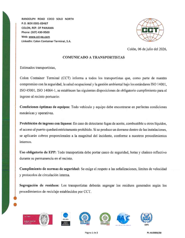Comunicado a Transportistas - Página 1